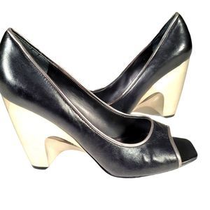 Nine West Selah Black/Pewter Leather Square Toe Wedges